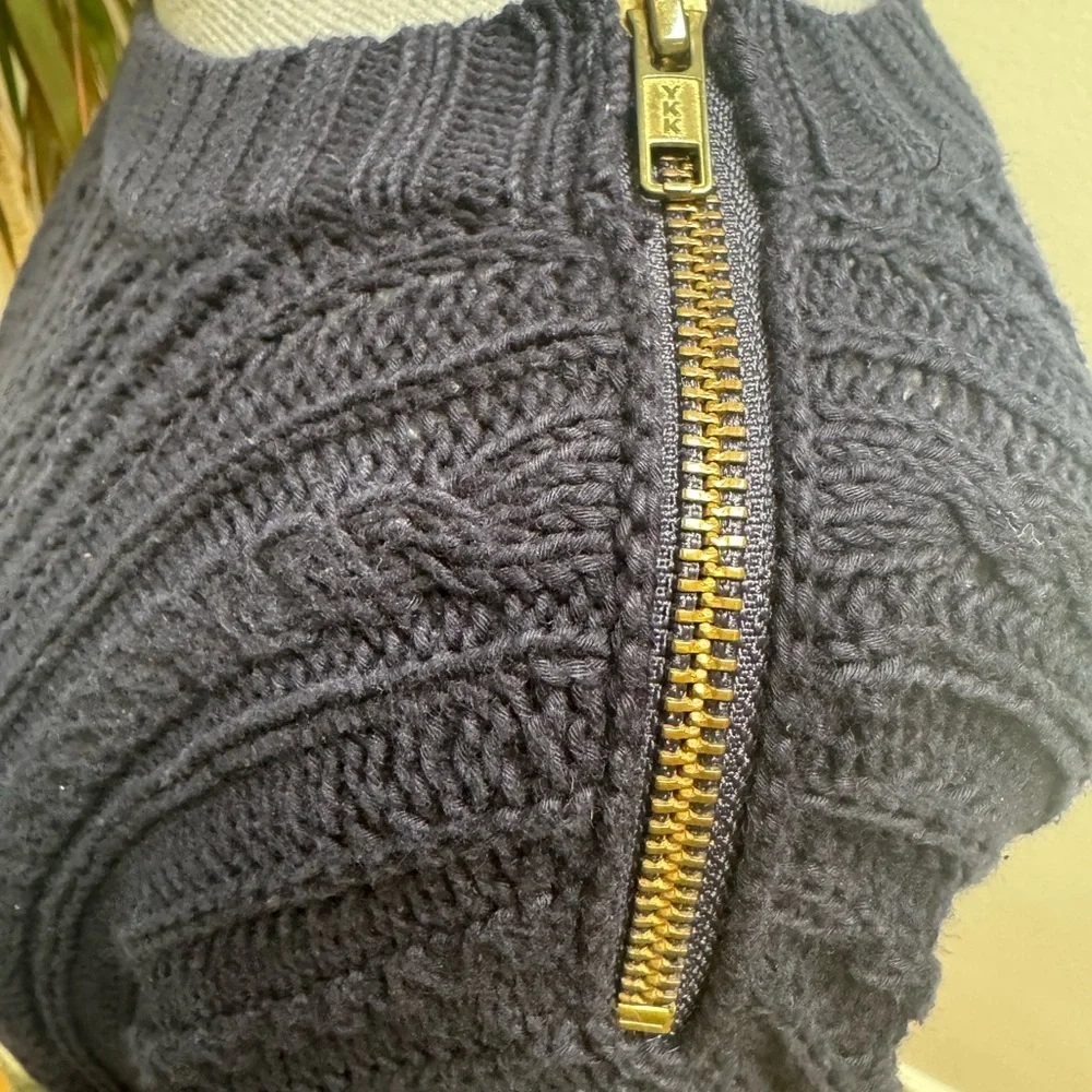 J. Crew Navy Cable Knit Boatneck Sweater with Shoulder Zipper Detail